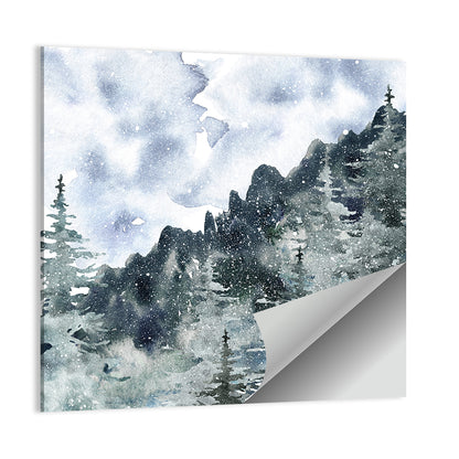 Snowfall Mountain Forest Illustration Wall Art