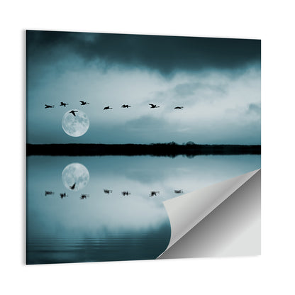 Moonlit Flock Over Lake Wall Art