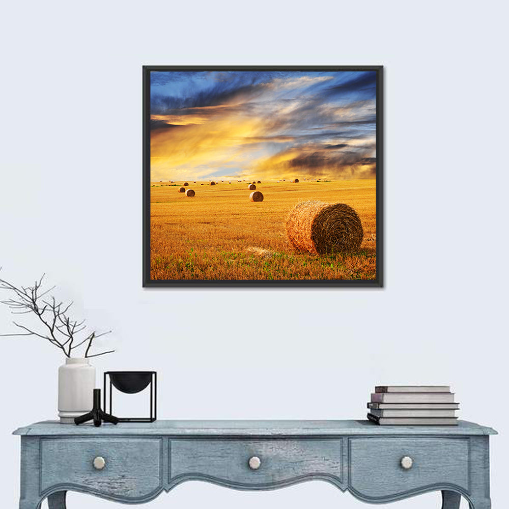 Sunset Over Hay Bales Wall Art in a room, square