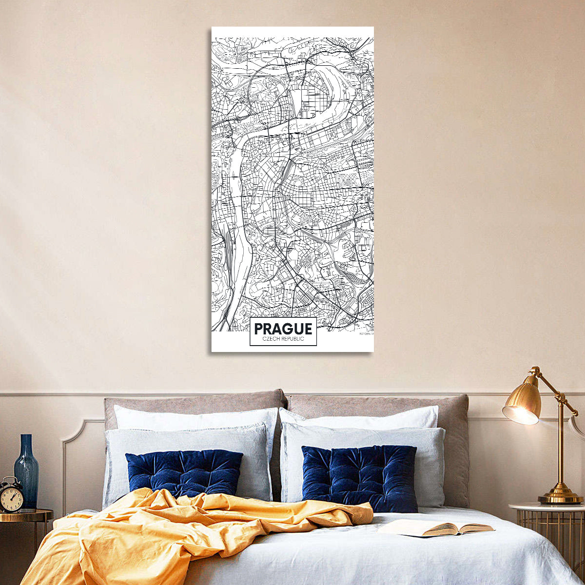 Prague City Map Wall Art in a room, portrait