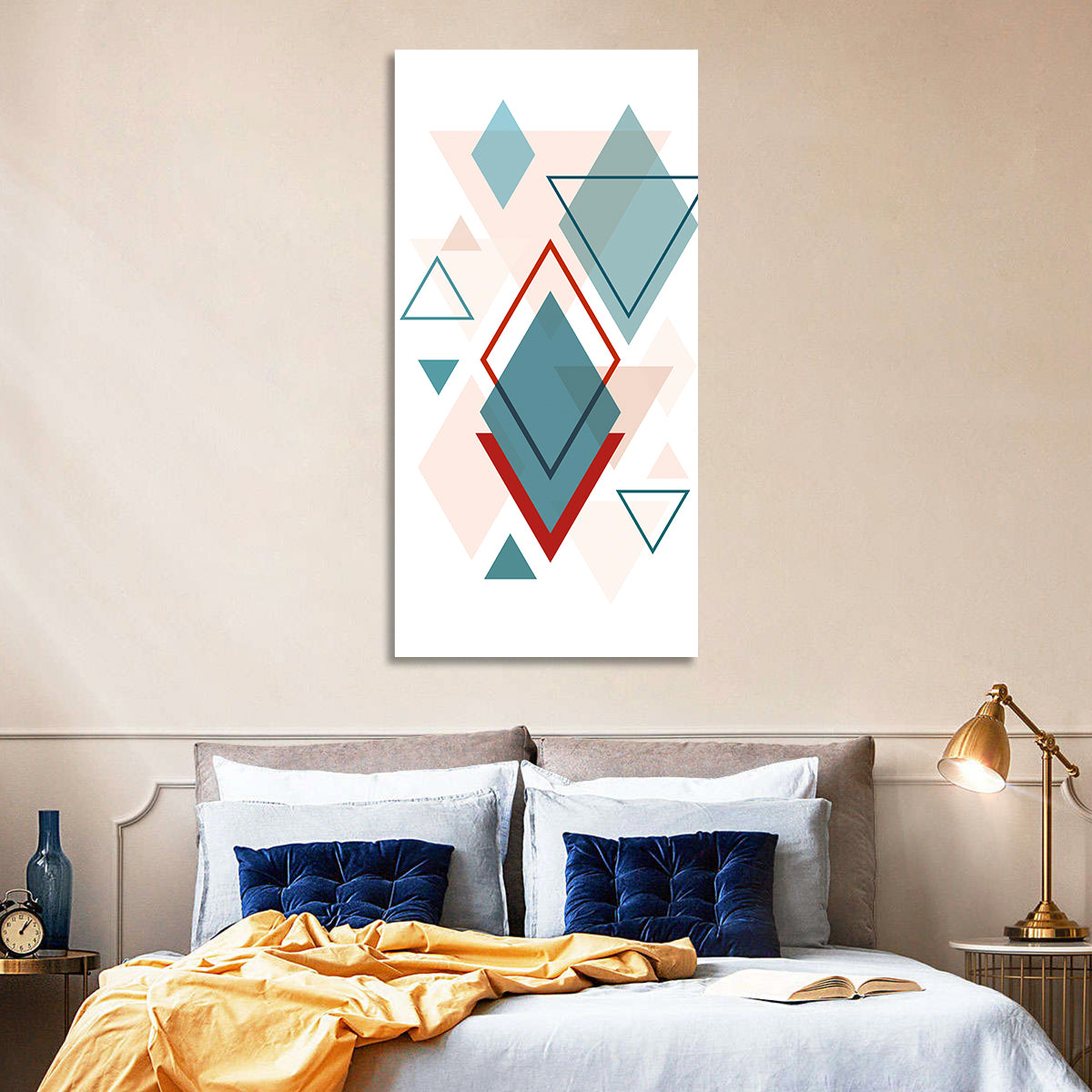 Scandinavian Teal Geometric Abstract Wall Art in a room, portrait
