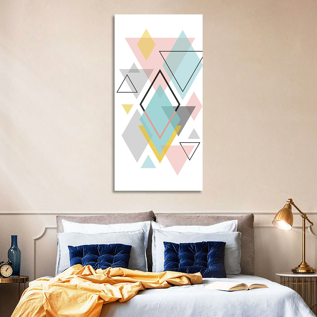 Scandinavian Geometric Pastel Composition Wall Art in a room, portrait