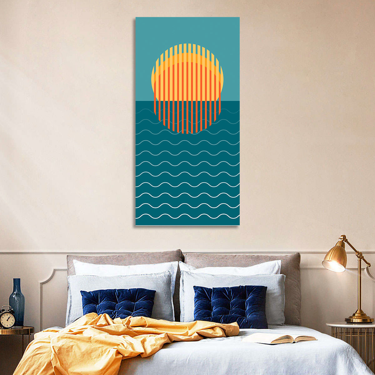 Geometric Ocean Sunset Wall Art in a room, portrait