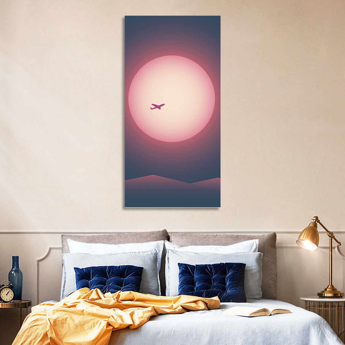 Twilight Airplane Over Mountains Wall Art in a room, portrait