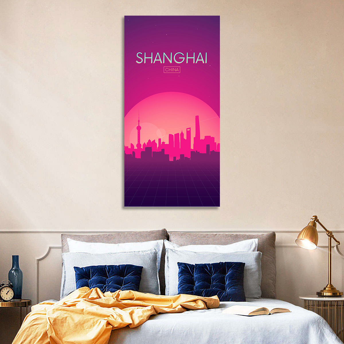Shanghai Neon Sunset Skyline Wall Art in a room, portrait