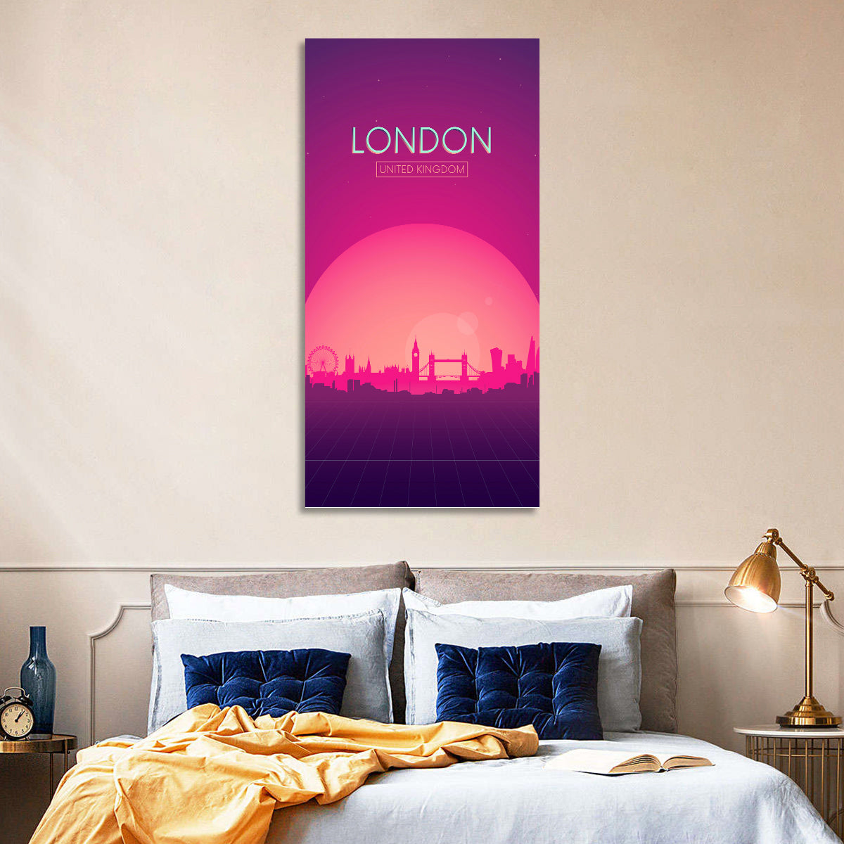 Retro London Sunset Skyline Wall Art in a room, portrait