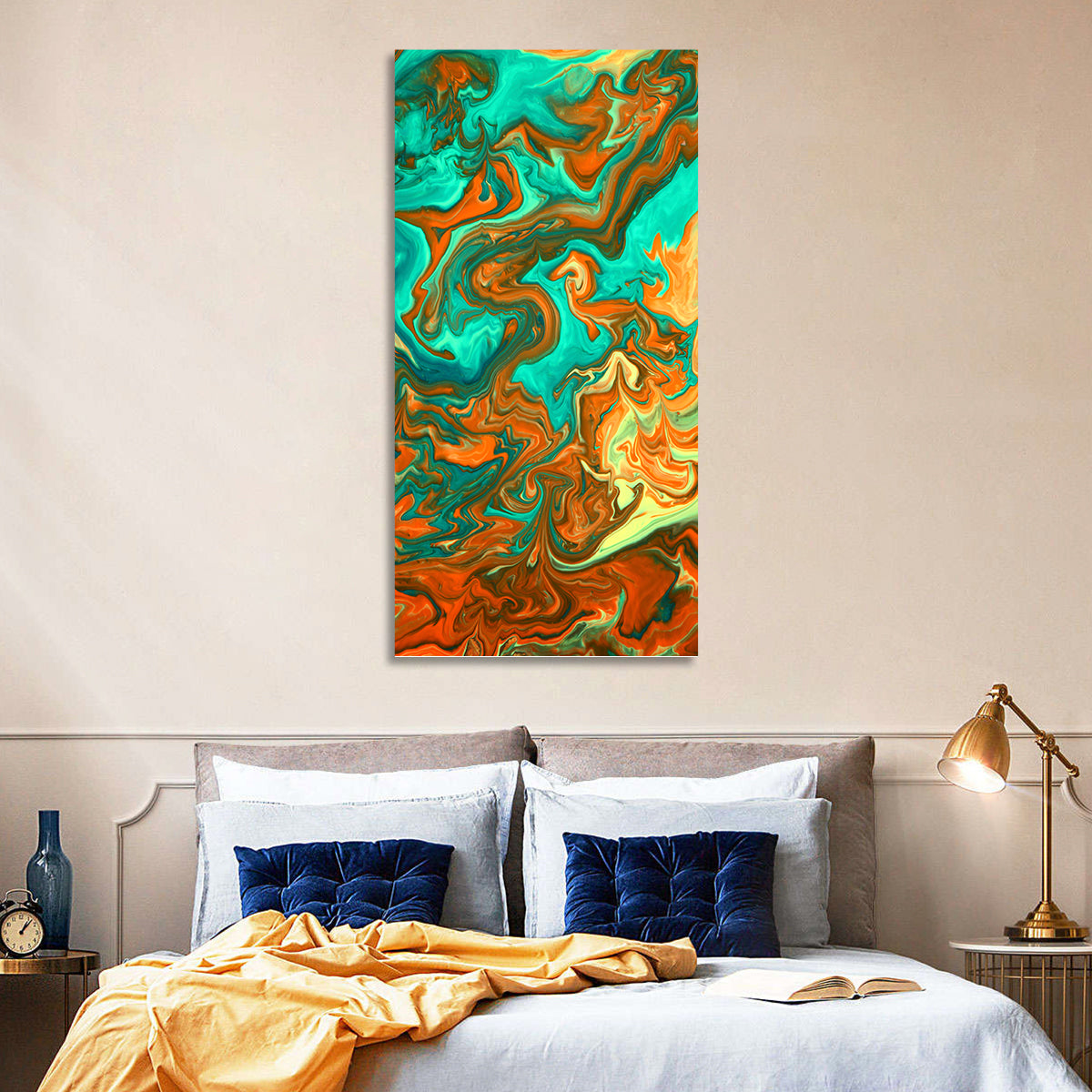 Blue Streams Abstract Wall Art in a room, portrait