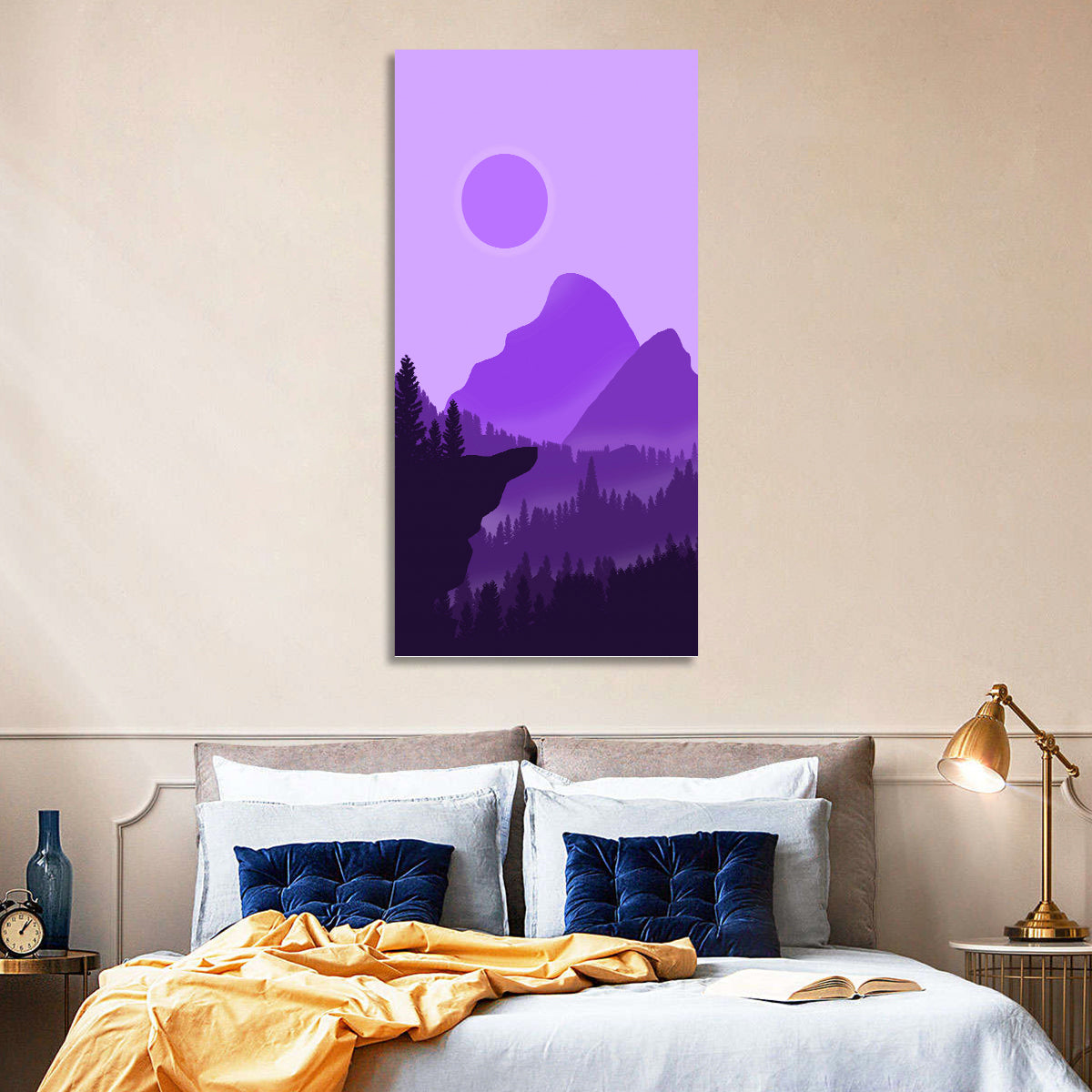 Purple Mountain Dusk Wall Art in a room, portrait