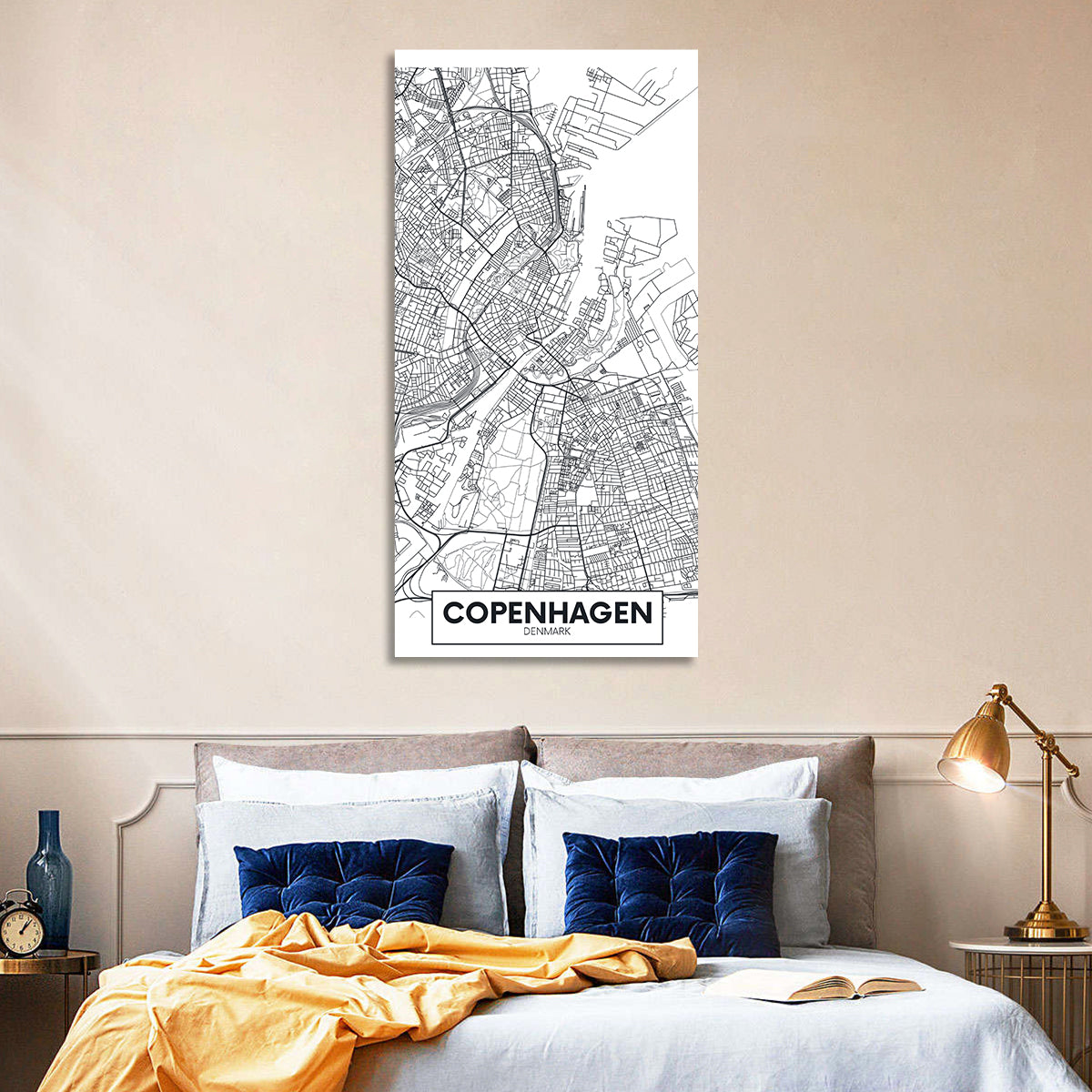 Copenhagen City Map Wall Art in a room, portrait