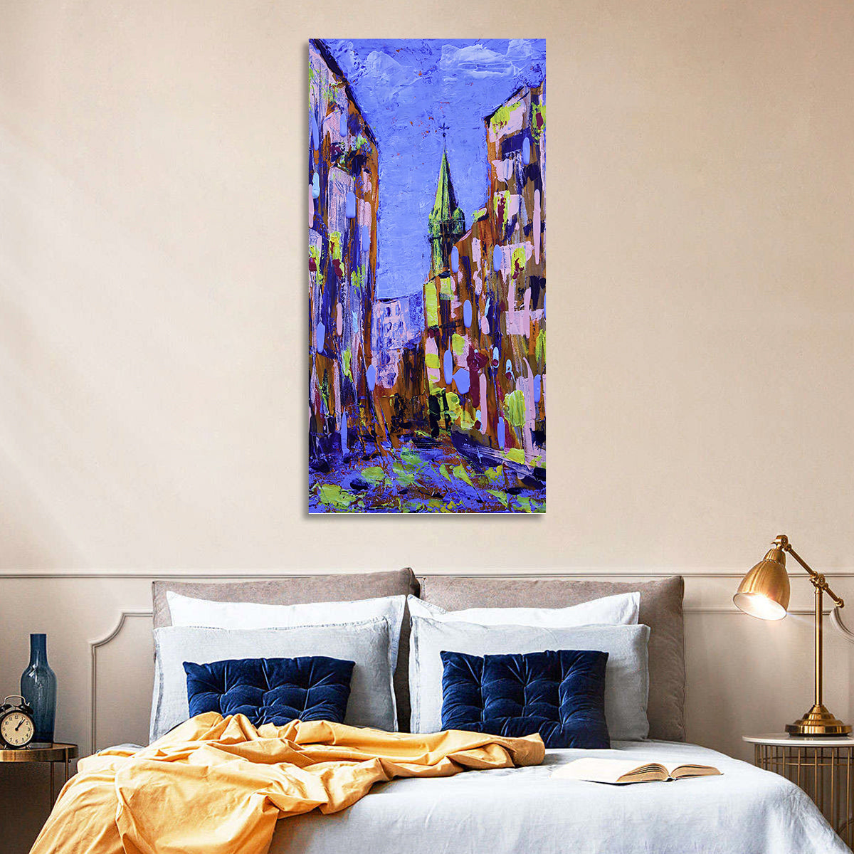 Old City Street with Steeple Wall Art in a room, portrait