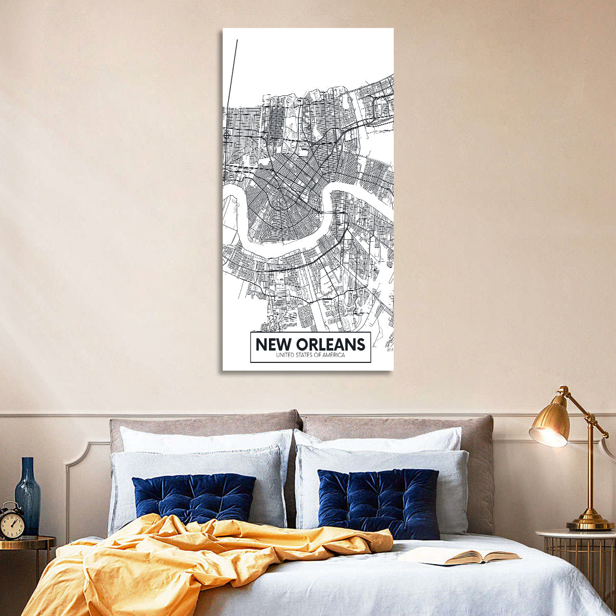 New Orleans Minimalist City Map Wall Art in a room, portrait