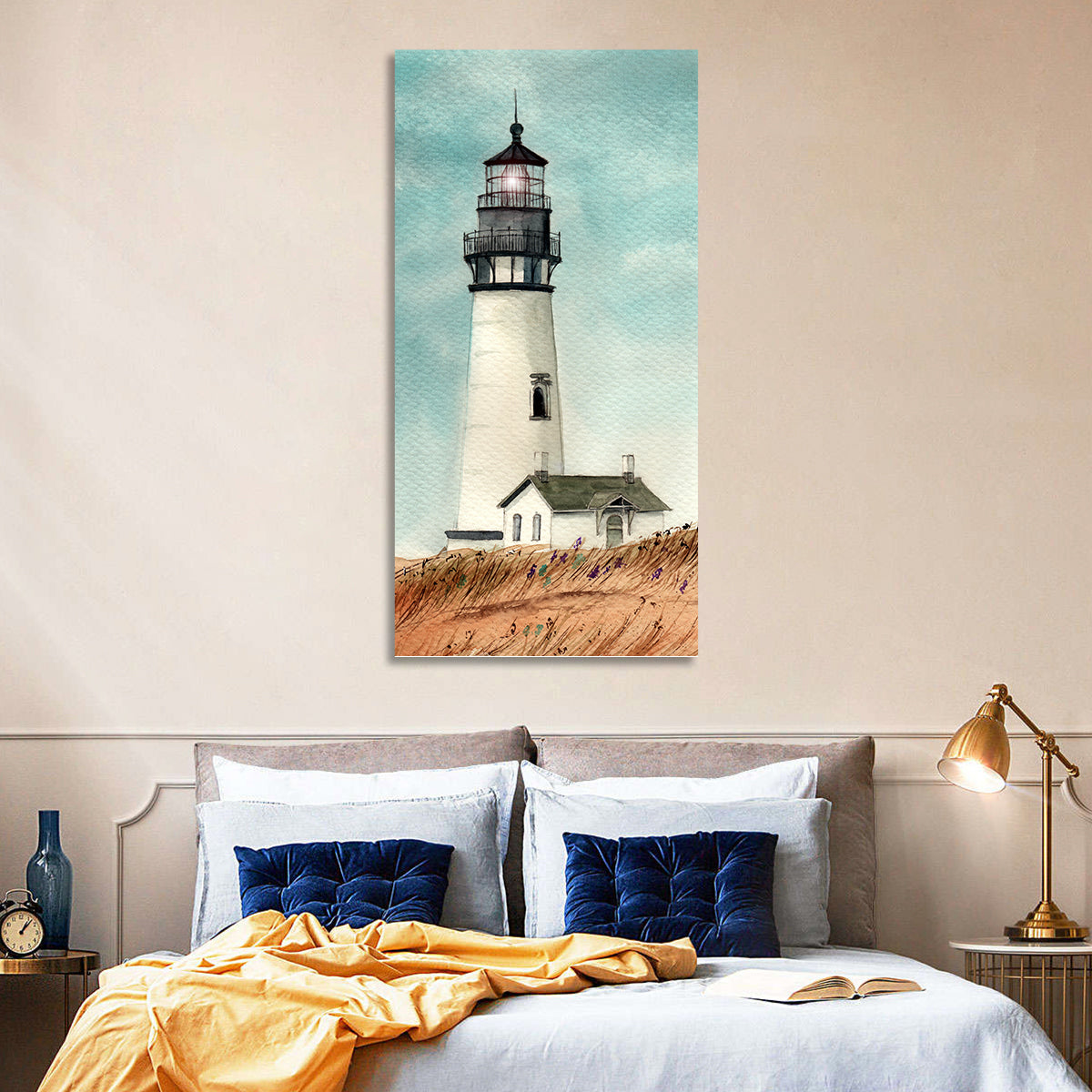 Lighthouse Over Grassy Dune Wall Art in a room, portrait