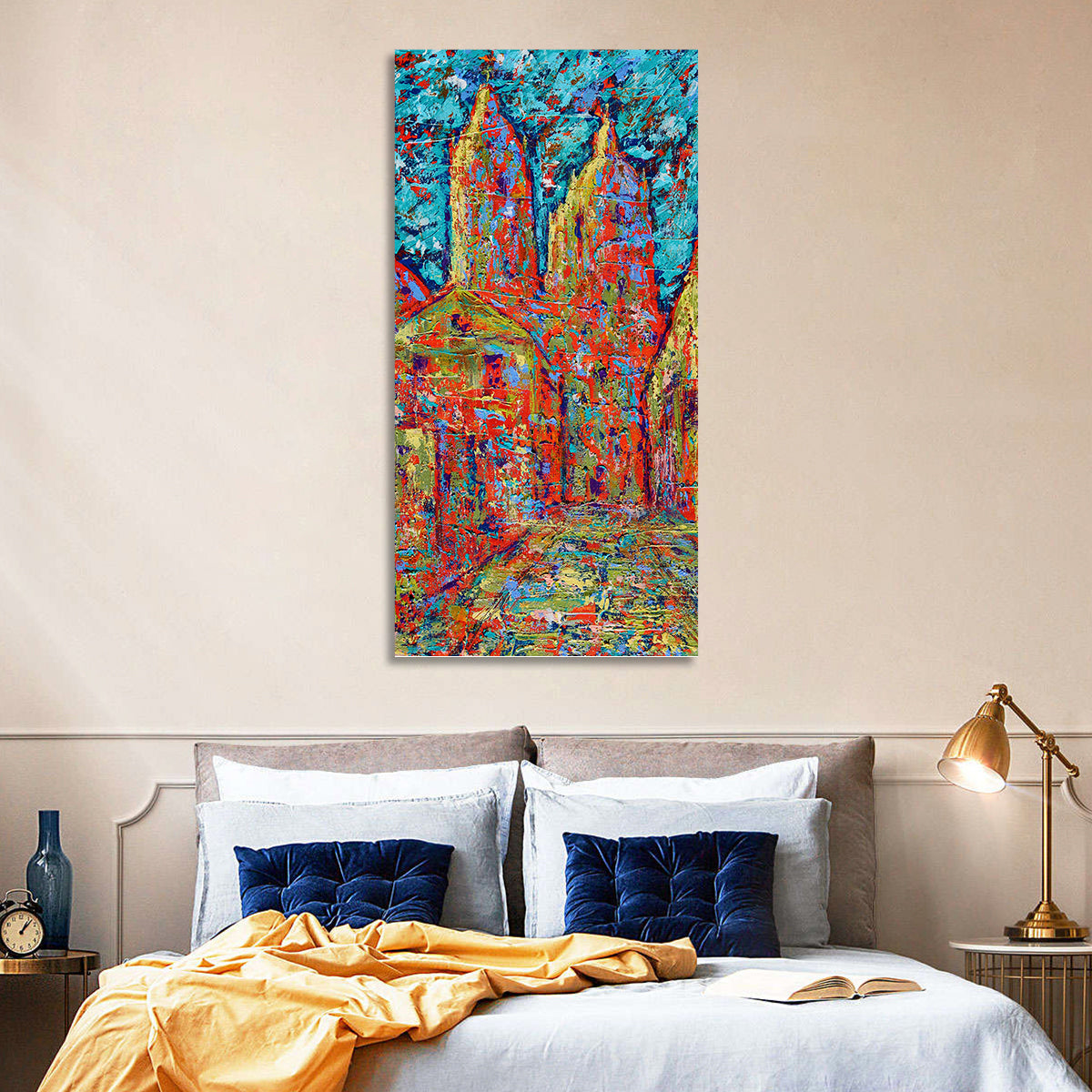 Gothic Spires Cityscape Wall Art in a room, portrait