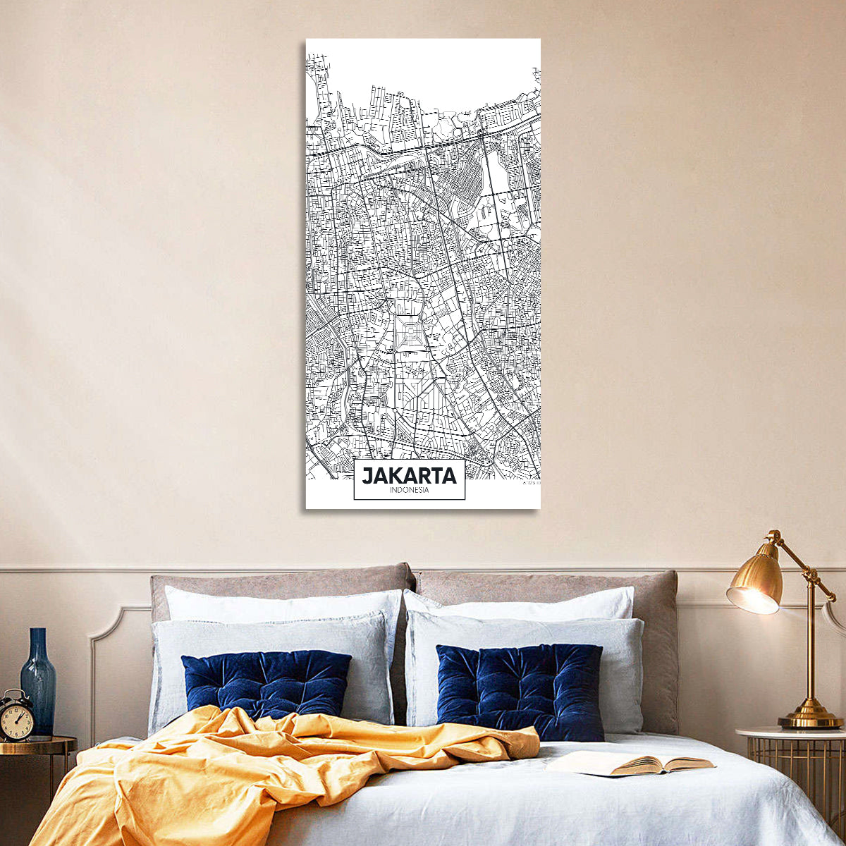 Jakarta Street Grid Map Wall Art in a room, portrait