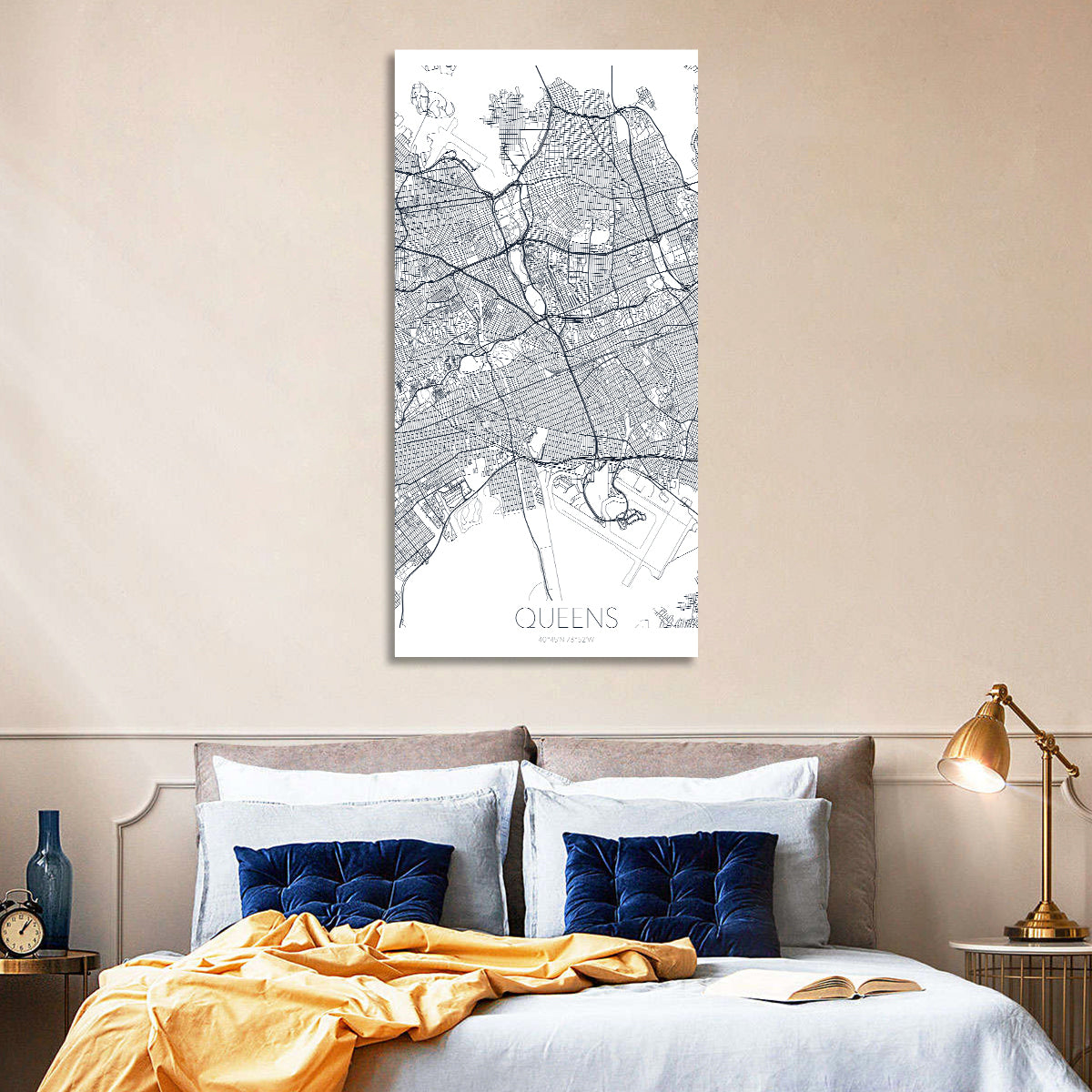 Queens Map with Jfk Airport Wall Art in a room, portrait