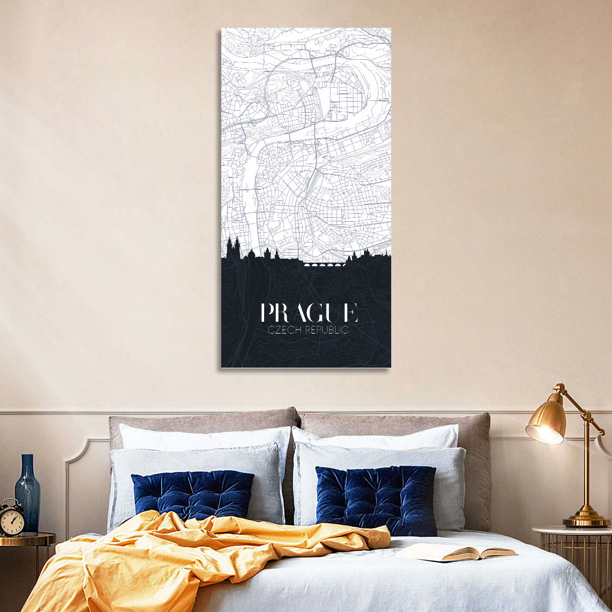 Prague Map with Charles Bridge Wall Art in a room, portrait