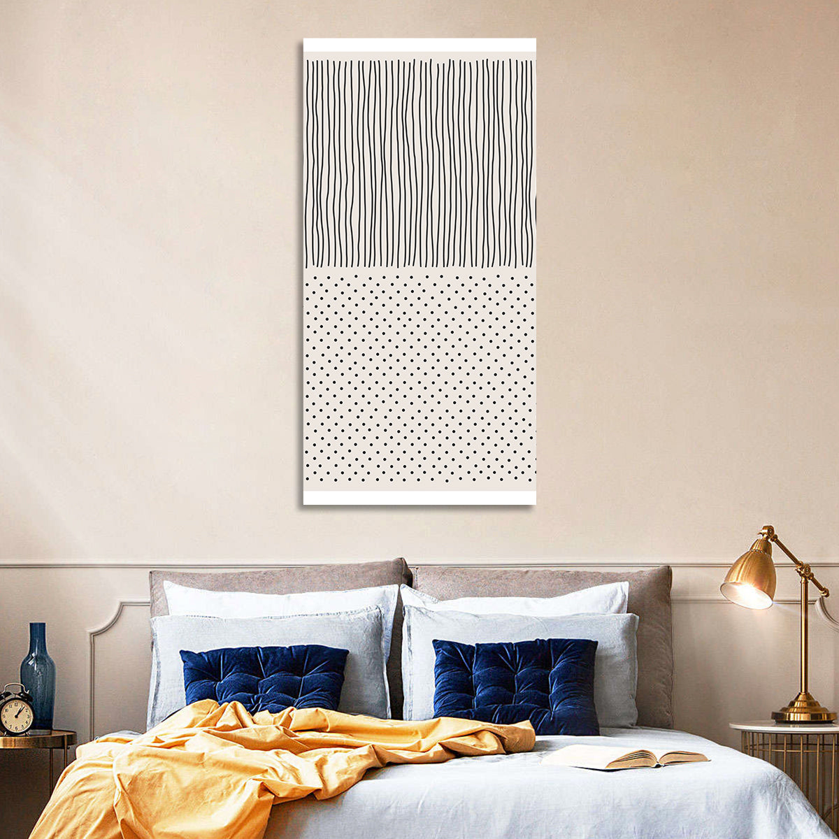 Minimalist Lines and Dots Wall Art in a room, portrait
