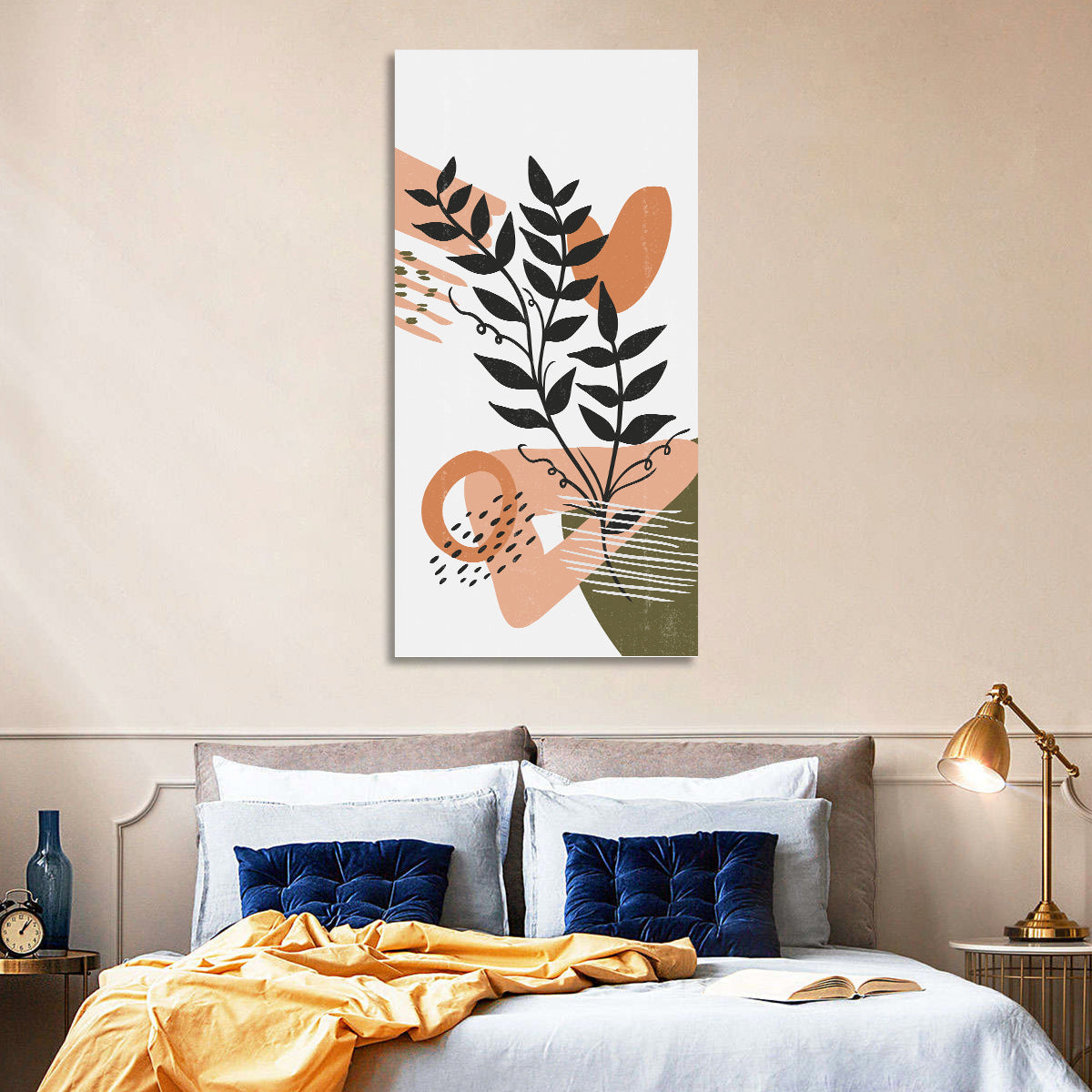 Olive Botanical Leaves Abstract Wall Art in a room, portrait