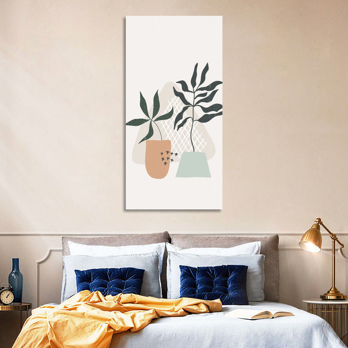 Potted Plants with Hand-drawn Grid Wall Art in a room, portrait