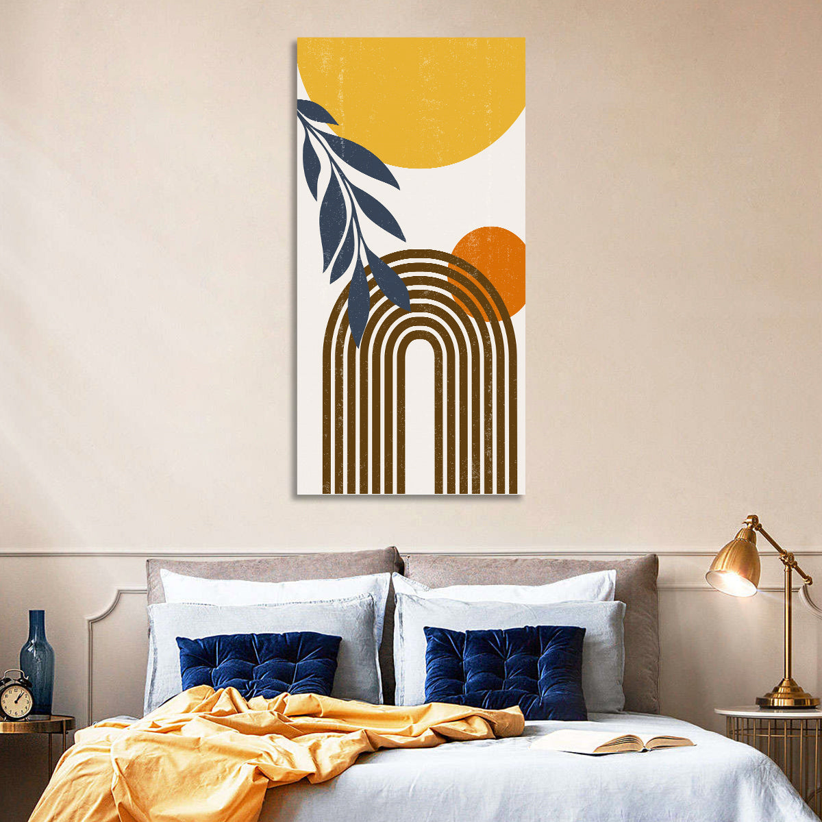 Boho Sun and Moon with Leaves Wall Art in a room, portrait