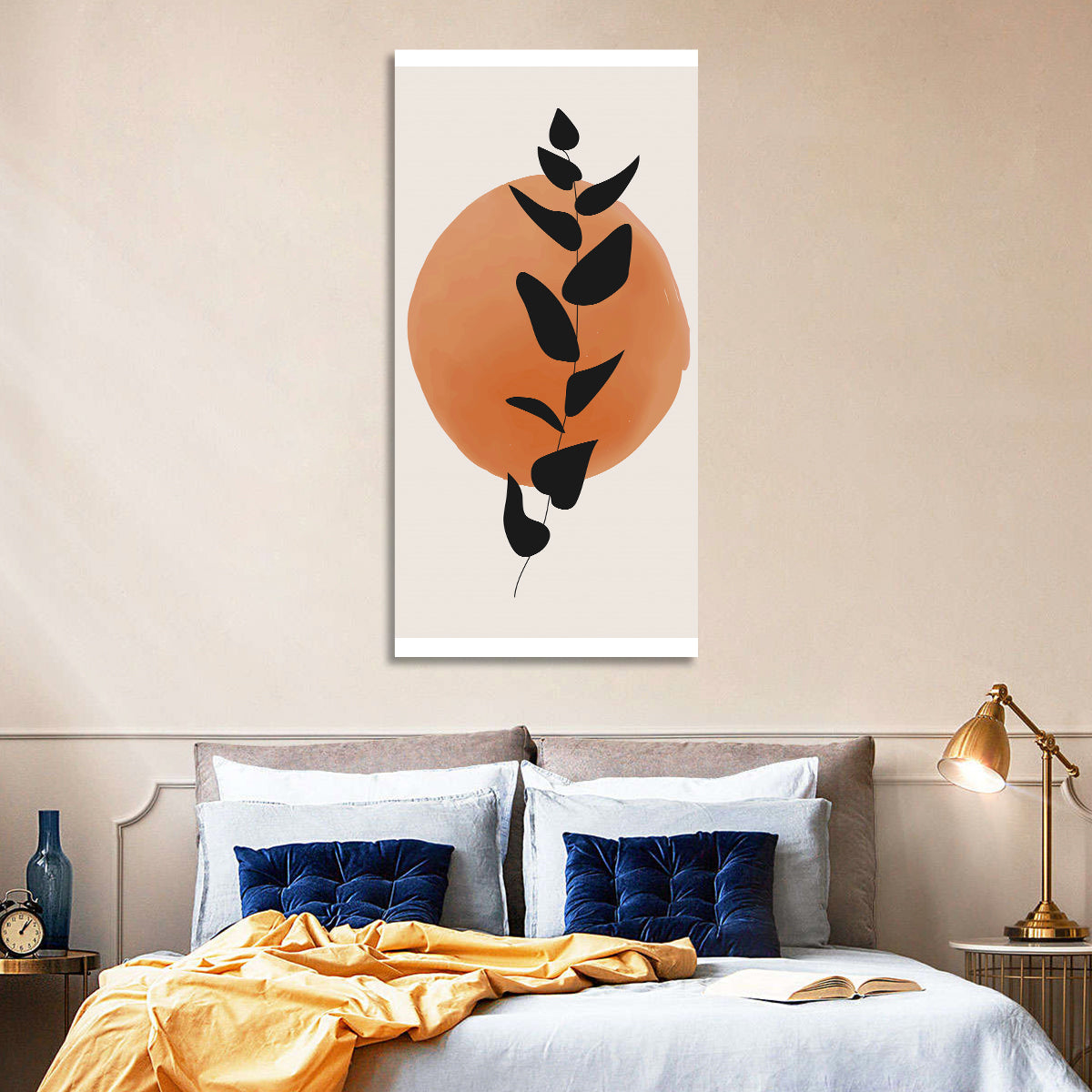 Leafy Branch with Terracotta Circle Wall Art in a room, portrait