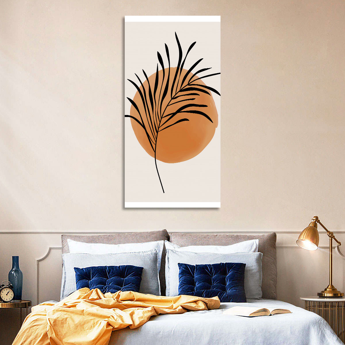 Long Palm Frond Minimalist Wall Art in a room, portrait
