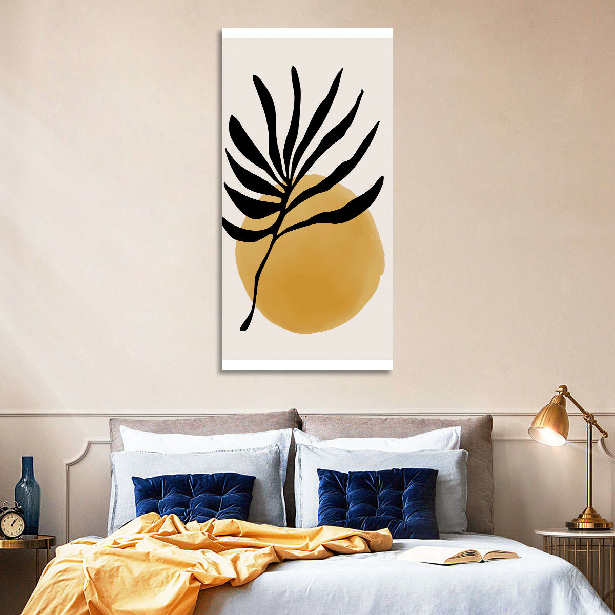 Mustard Sun with Dark Leaf Wall Art in a room, portrait