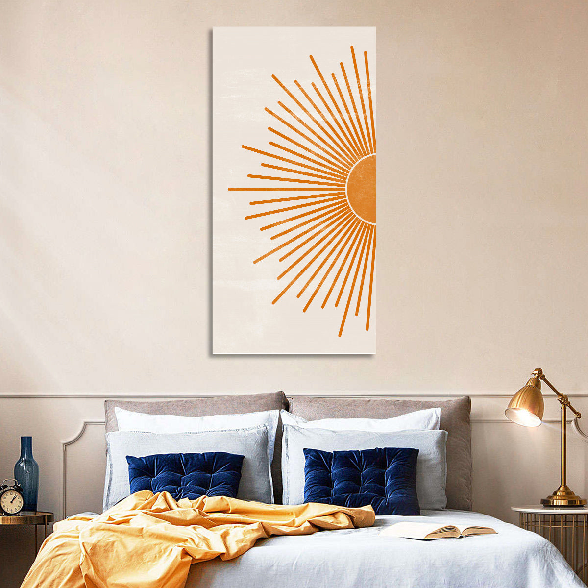 Orange Sunburst Minimalist Wall Art in a room, portrait