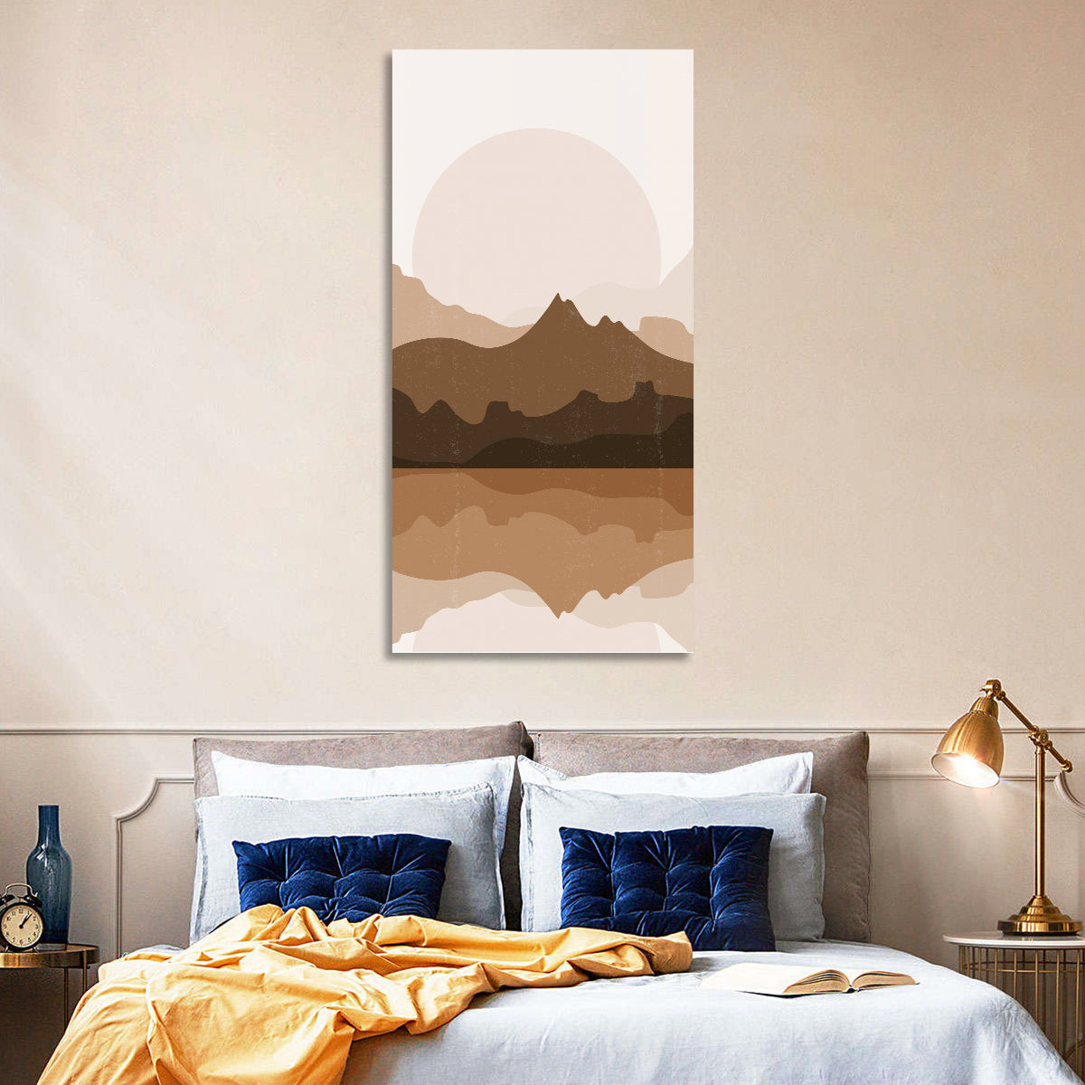 Layered Mountain Lake Sunset Wall Art in a room, portrait