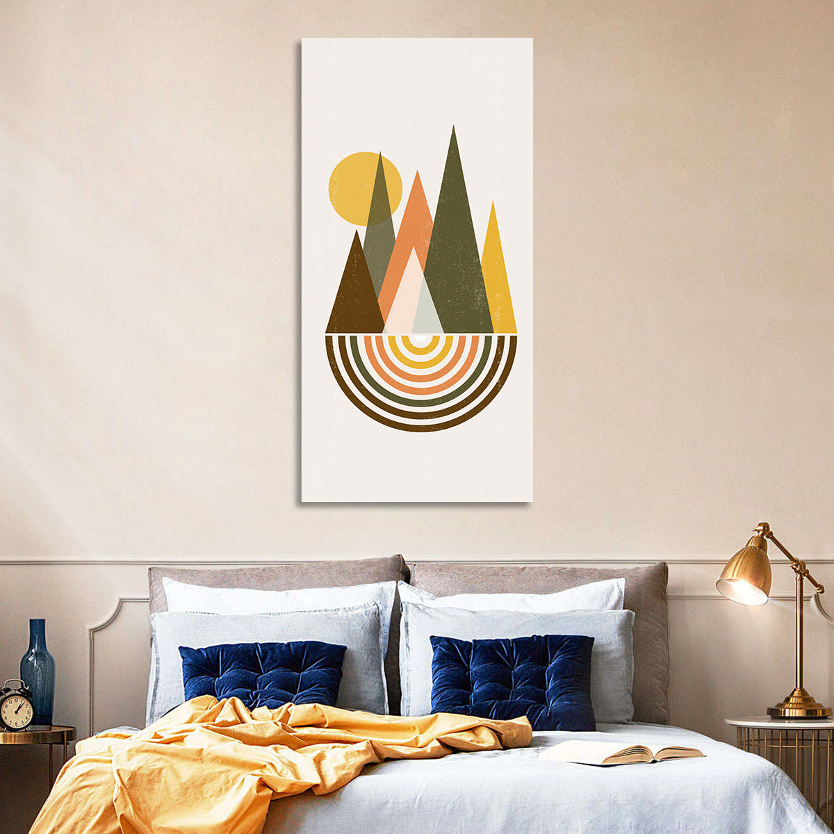 Colored Mountains Sunset Wall Art in a room, portrait