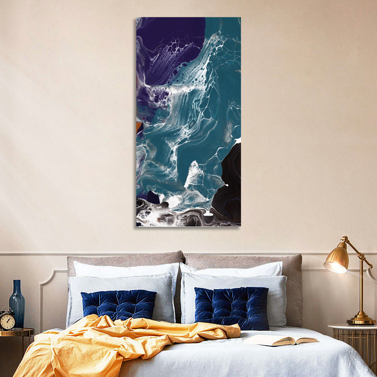 Teal and Purple Marble Texture Wall Art in a room, portrait
