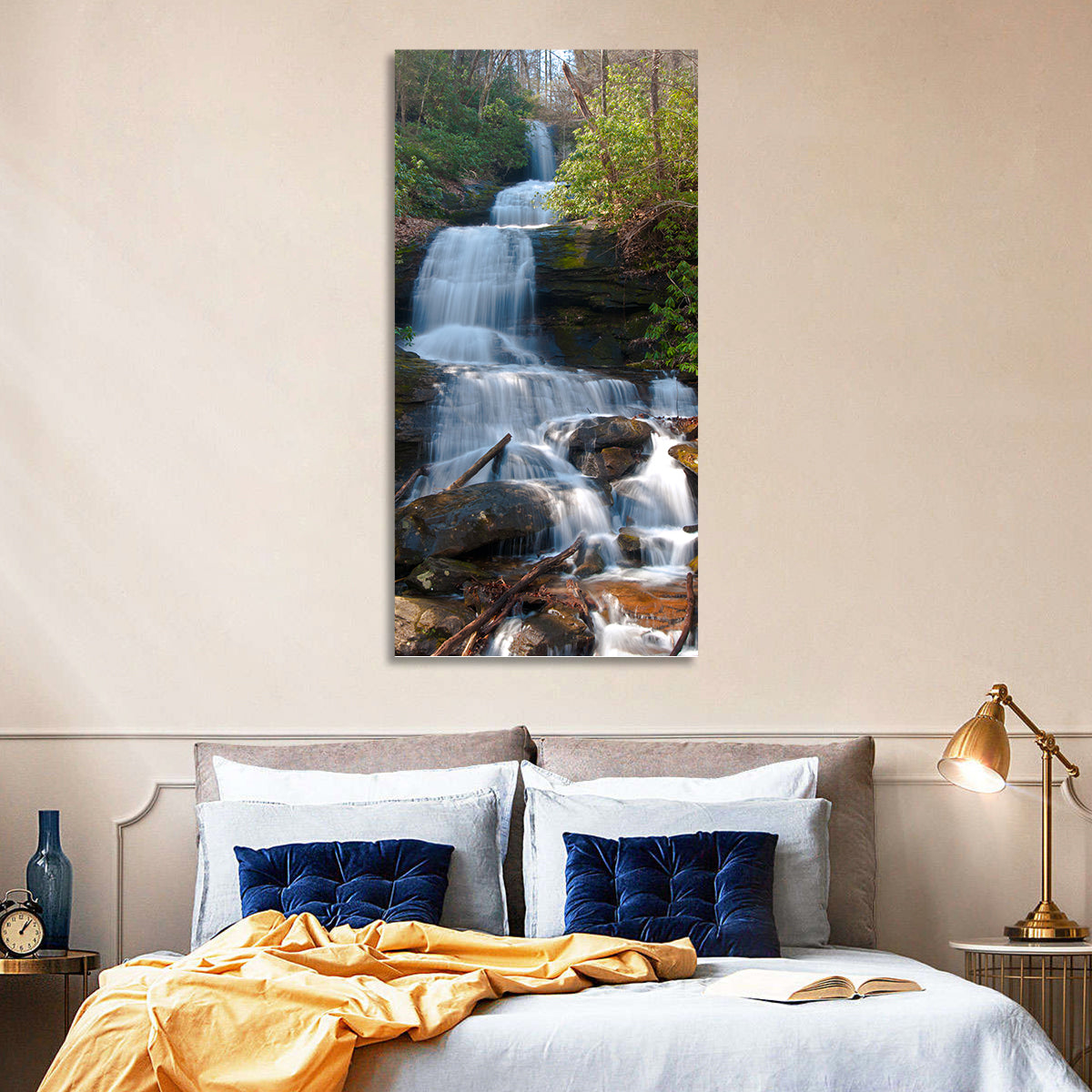 Desoto Falls Cascading Waterfall Wall Art in a room, portrait