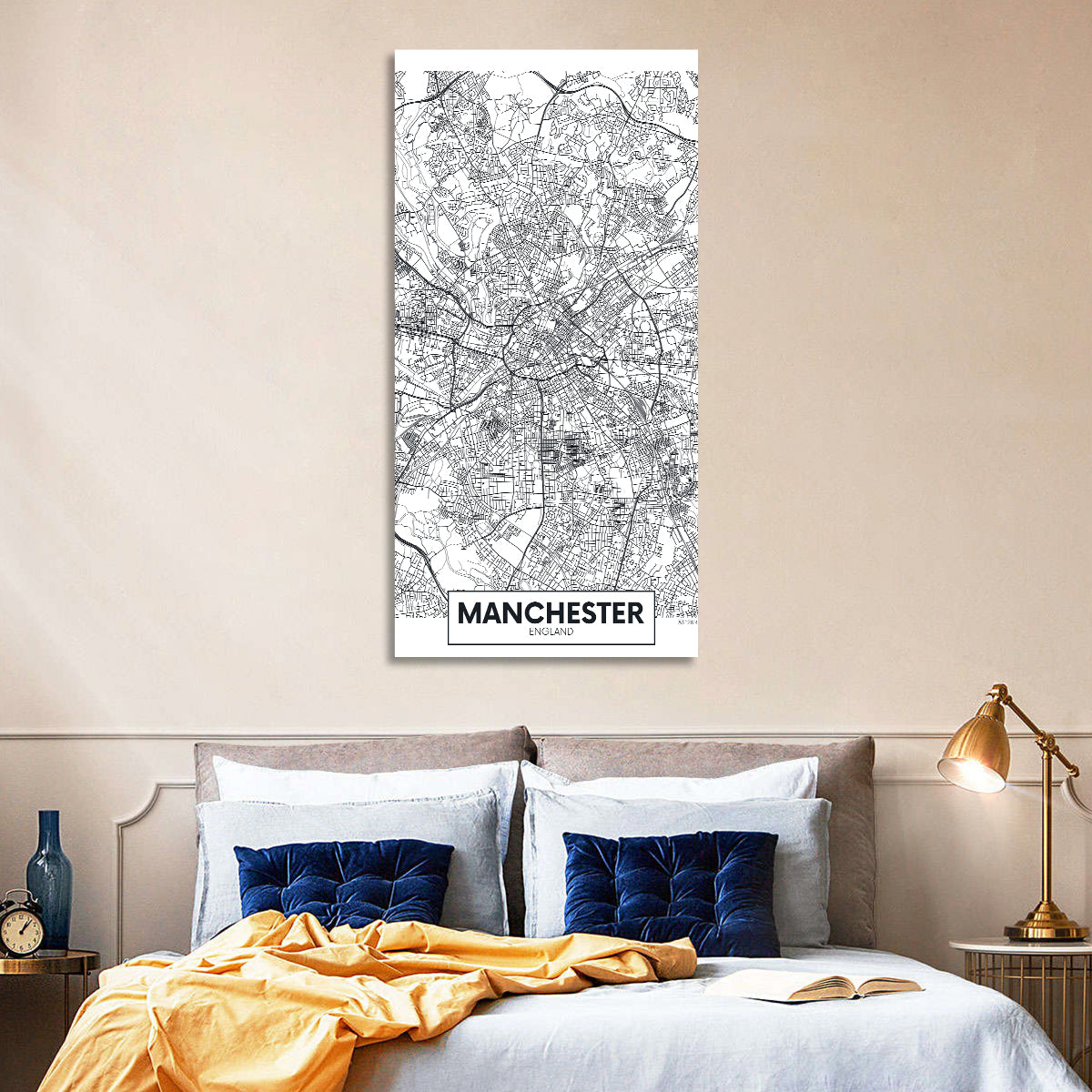 Manchester City Map, Minimalist Wall Art in a room, portrait