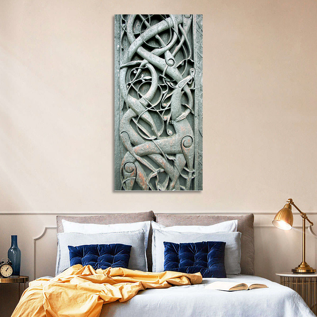Norwegian Urnes Wood Carving Wall Art in a room, portrait