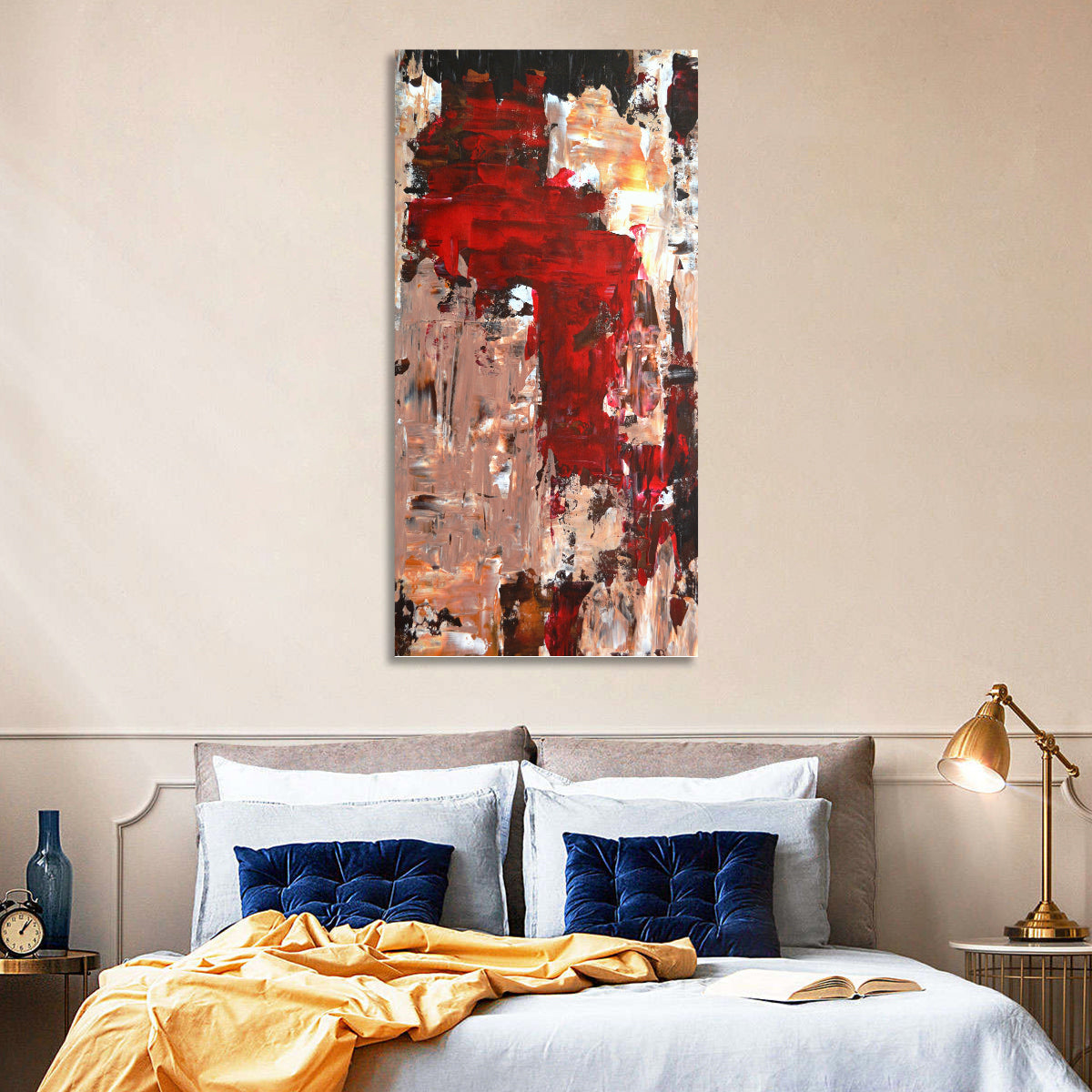 Splash of Red Abstract Wall Art in a room, portrait