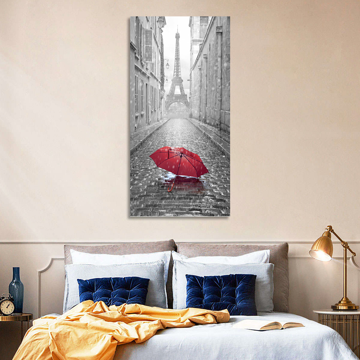 Eiffel Tower on Rainy Street Wall Art in a room, portrait