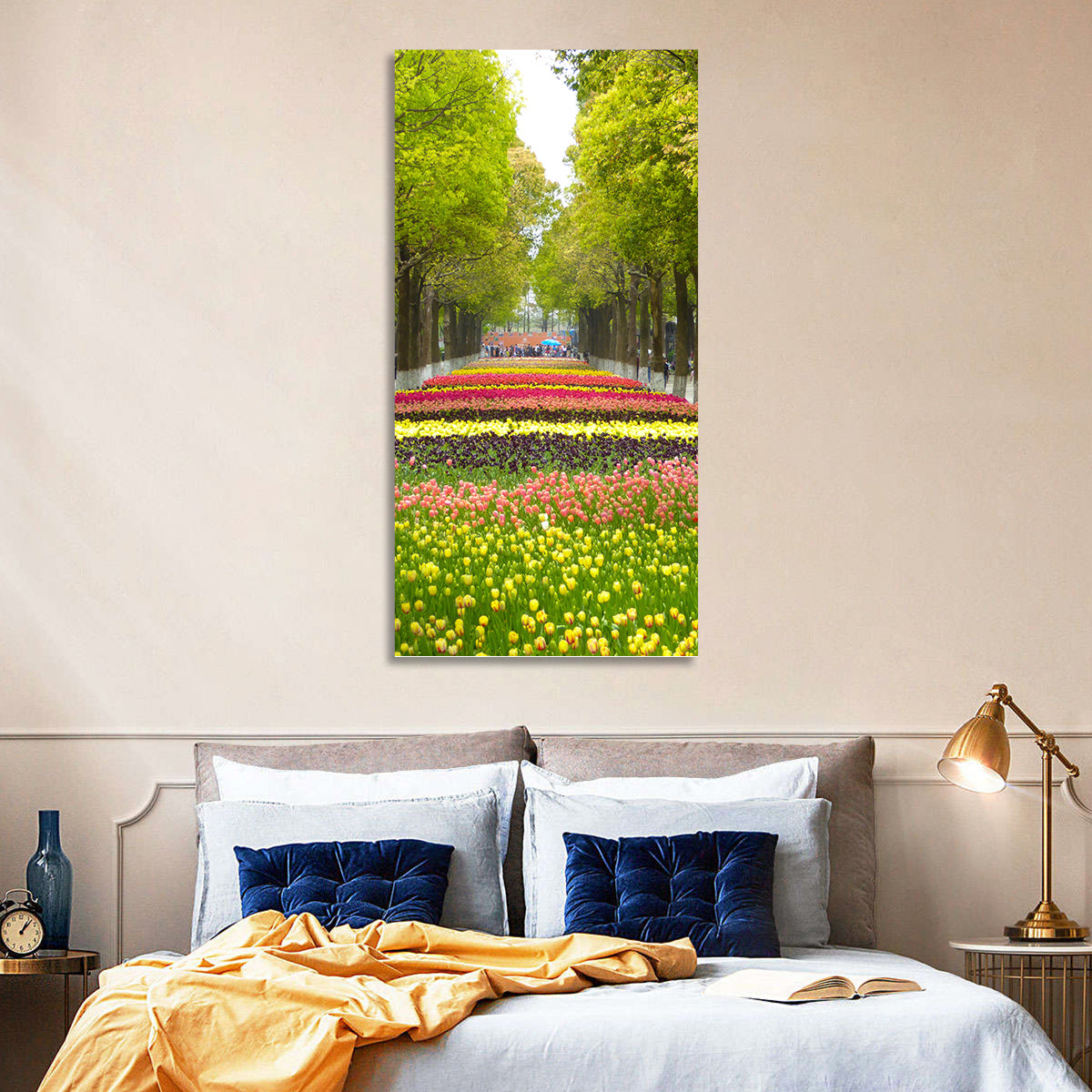 Tree-lined Tulip Garden Path Wall Art in a room, portrait