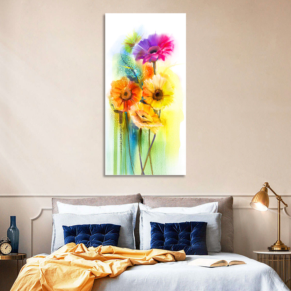 Gerbera Daisy Watercolor Bouquet Wall Art in a room, portrait