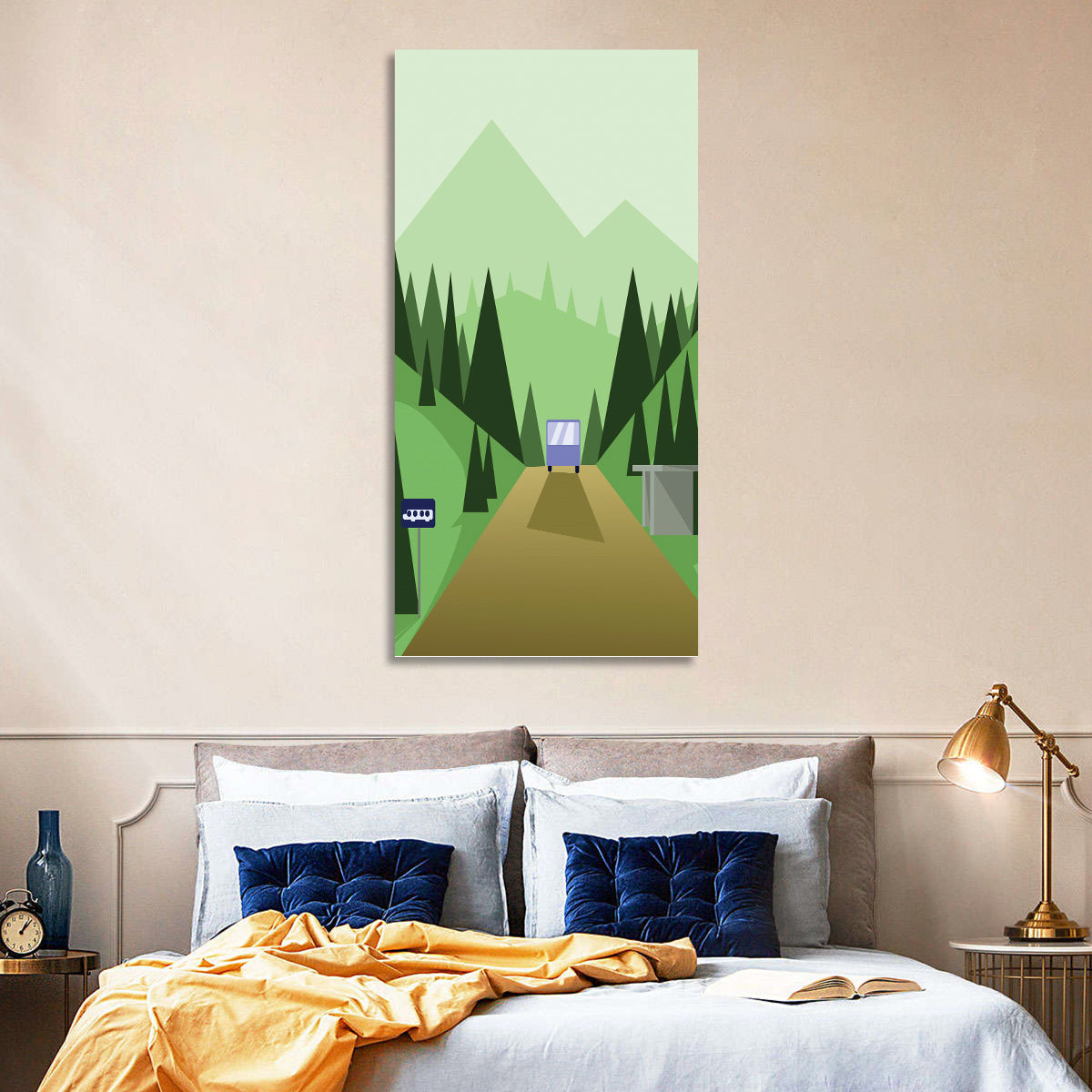 Mountain Road Bus Stop Illustration Wall Art in a room, portrait