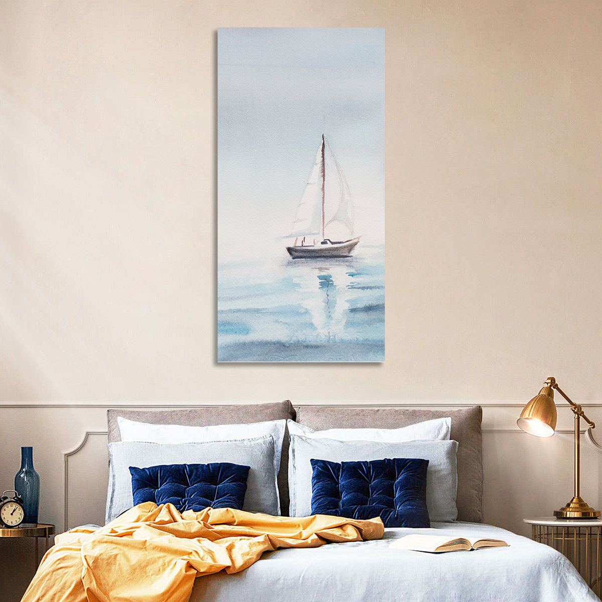Sailboat on Calm Sea Wall Art in a room, portrait