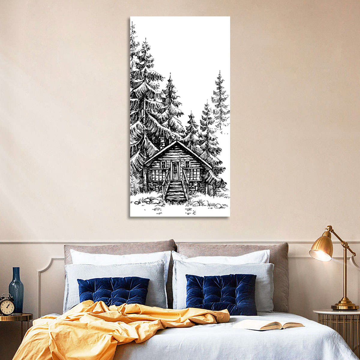 Log Cabin Sketch Wall Art in a room, portrait