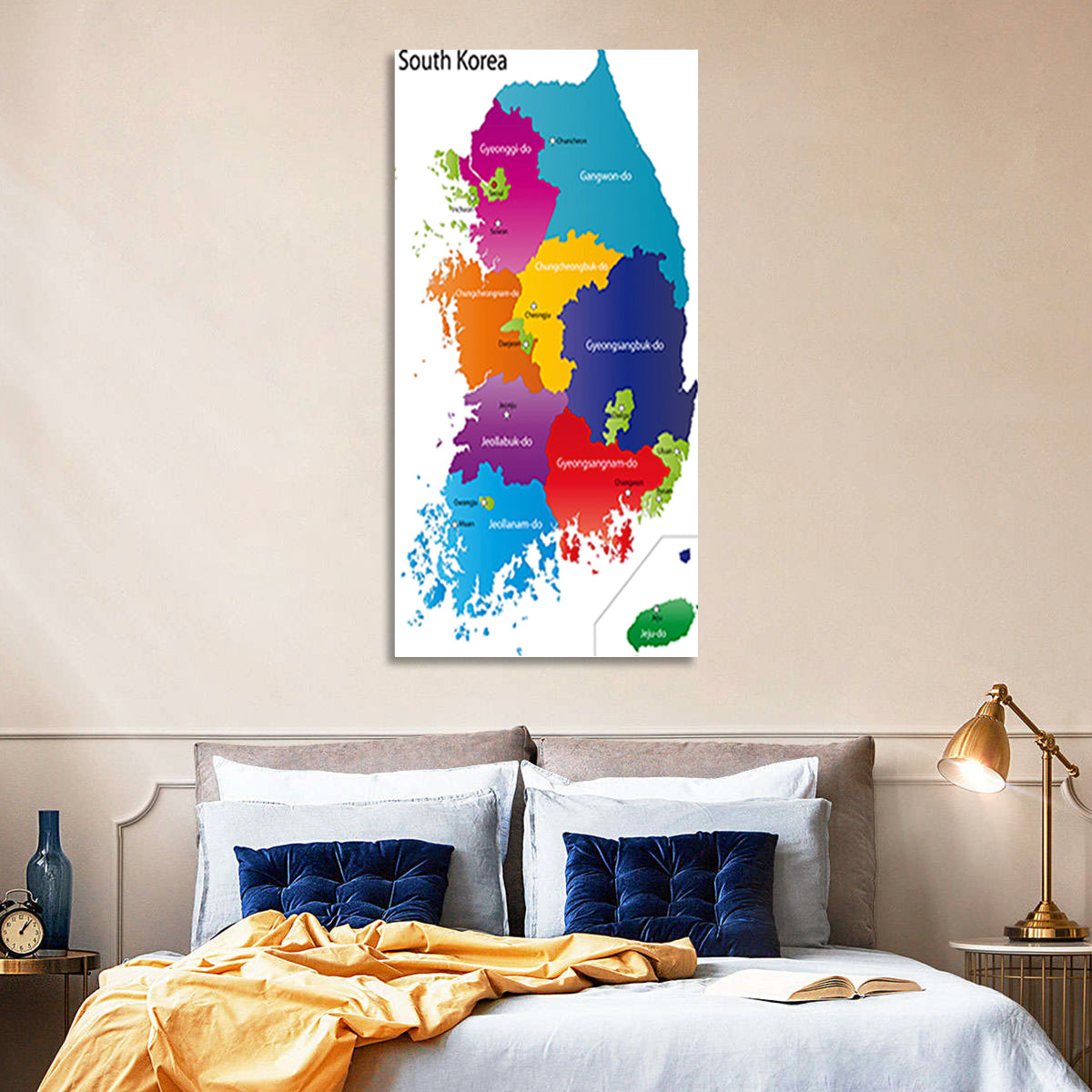 Colorful South Korea Map Wall Art in a room, portrait