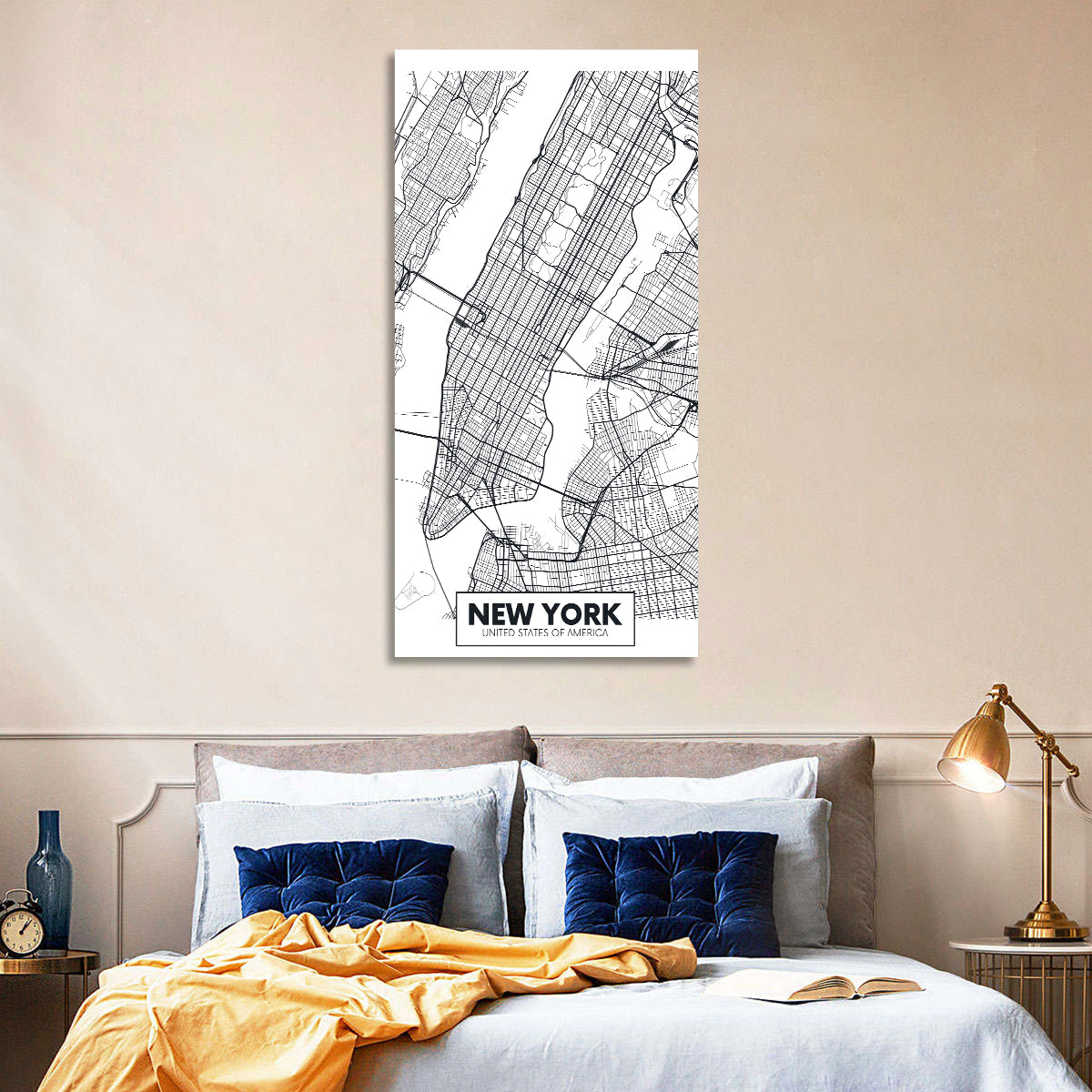 Manhattan Map, Black and White Wall Art in a room, portrait