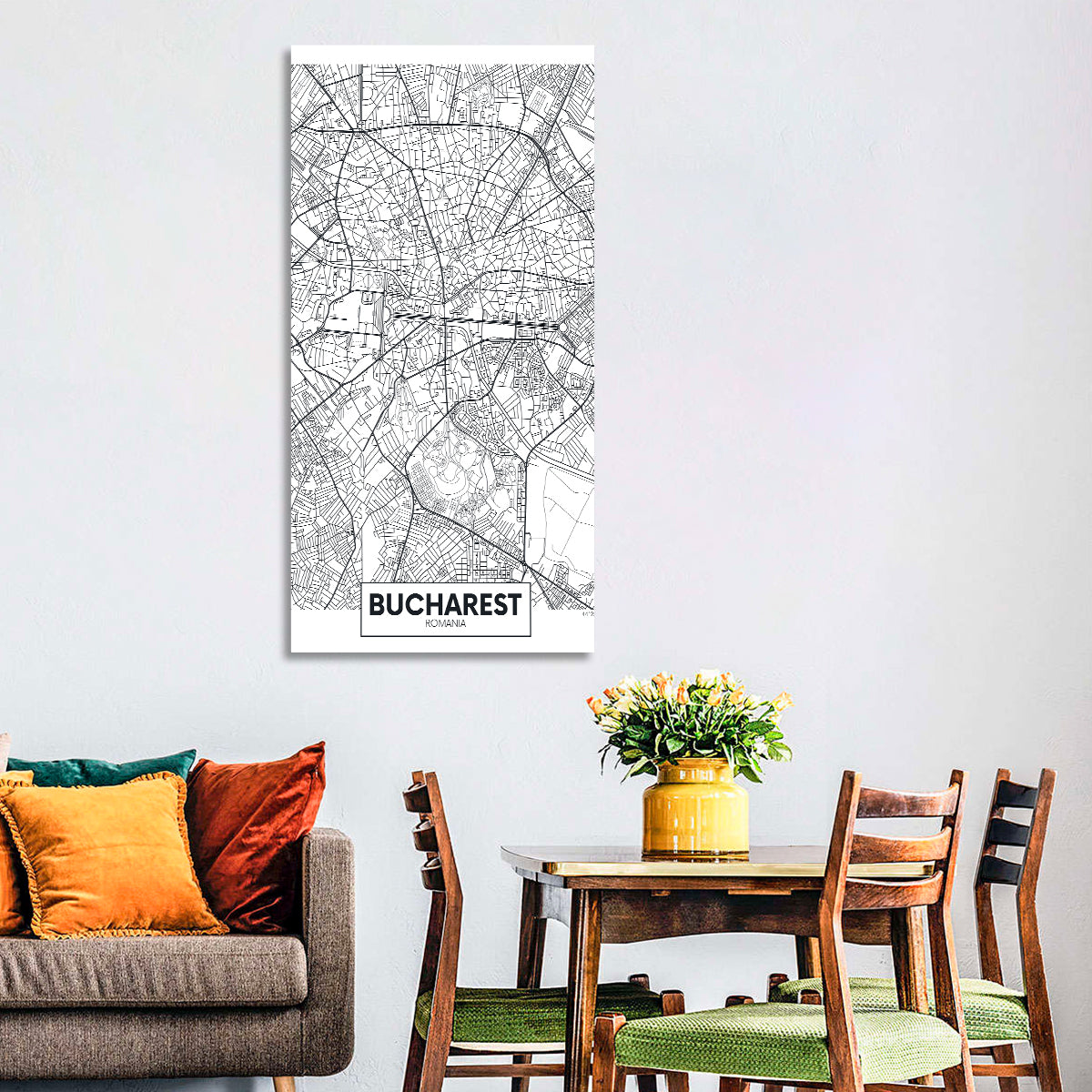 Bucharest City Map Wall Art in a room, portrait