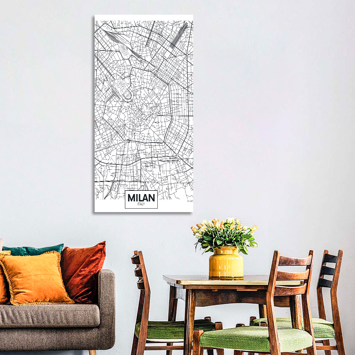 Milan City Map Wall Art in a room, portrait