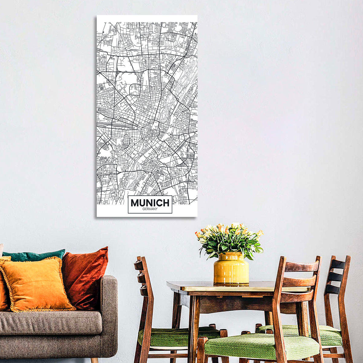 Munich City Map Wall Art in a room, portrait
