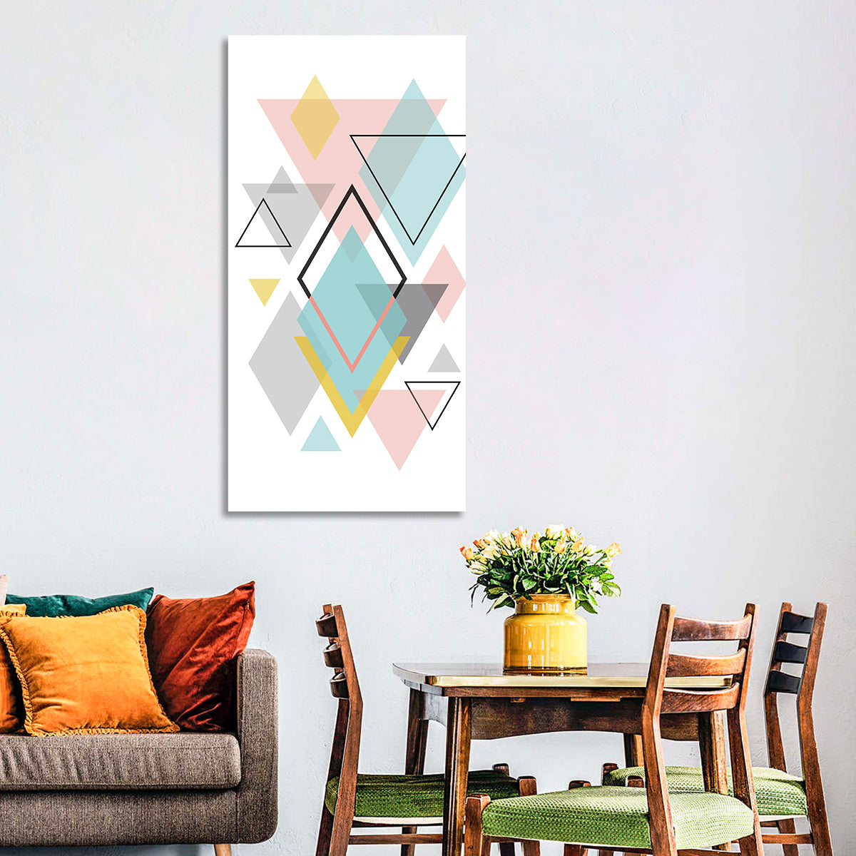 Scandinavian Geometric Pastel Composition Wall Art in a room, portrait