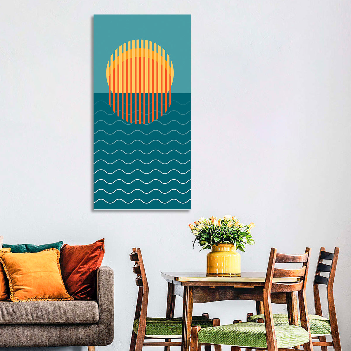 Geometric Ocean Sunset Wall Art in a room, portrait