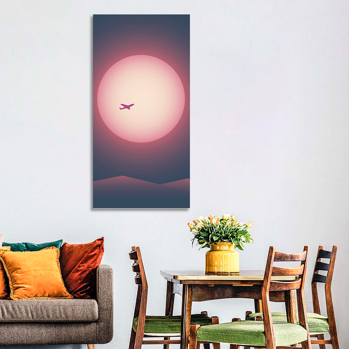 Twilight Airplane Over Mountains Wall Art in a room, portrait