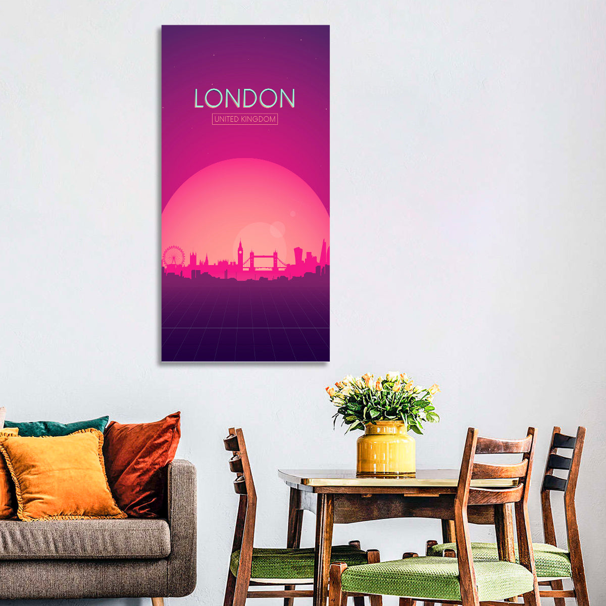 Retro London Sunset Skyline Wall Art in a room, portrait